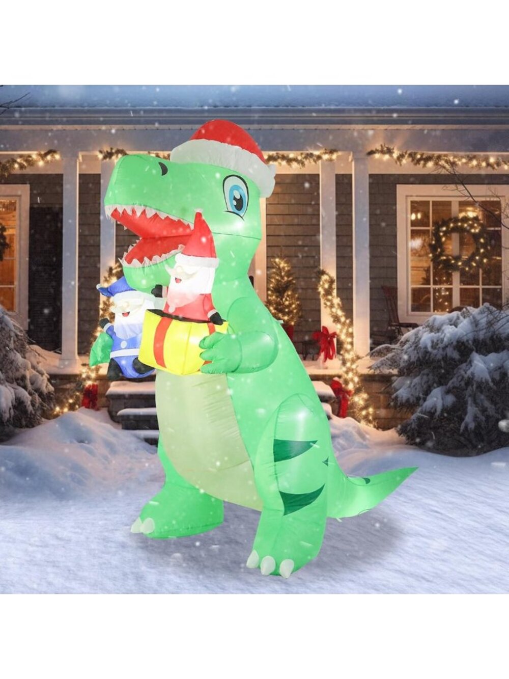 8 FT Inflatable Christmas Dinosaur Decor with Santa - Outdoor Holiday Decoration